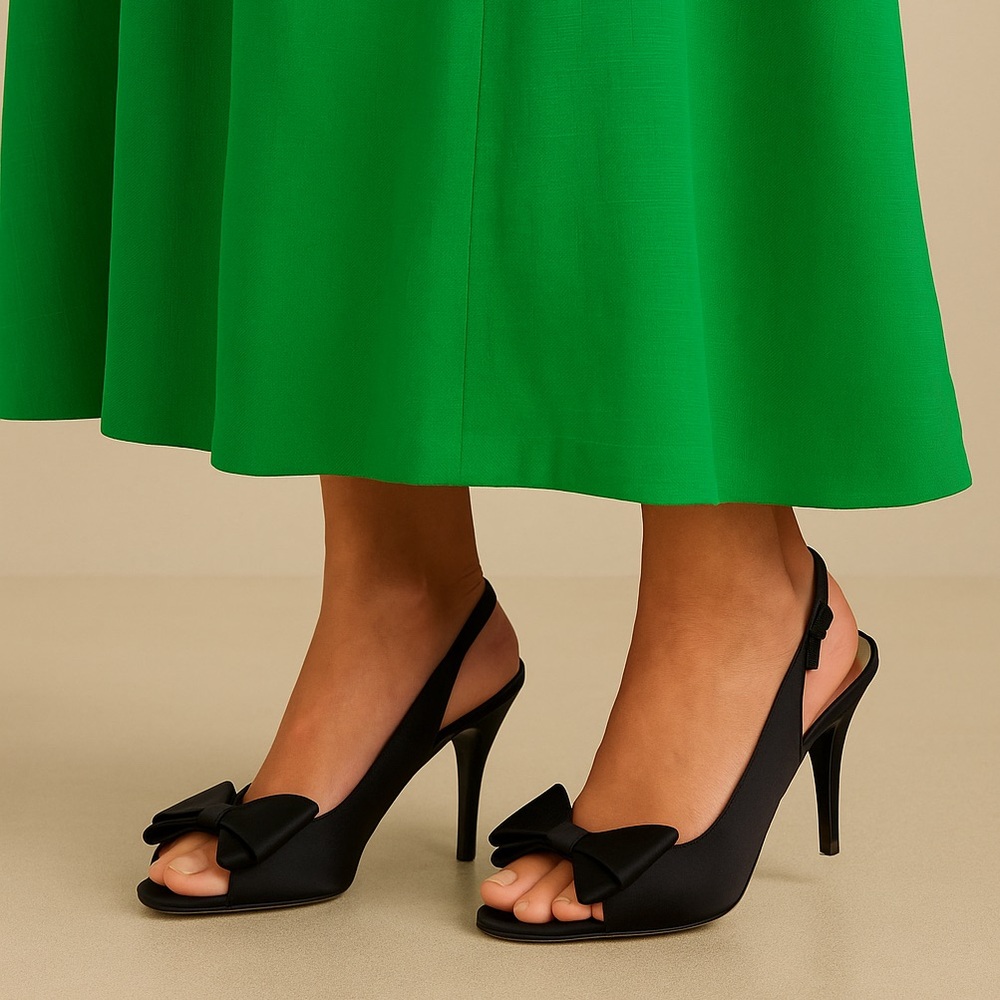 Stuart Weitzman Black Satin Bow Slingback Heels
